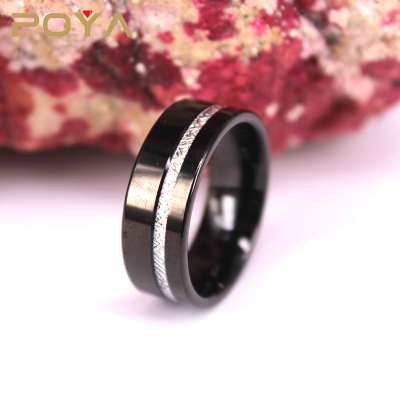 POYA Jewelry Tungsten Wedding Band Ring 8mm for Men Women Black Grey Meteorite Inlay Flat Cut Brushed Polished Offset Line