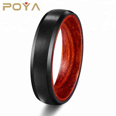 POYA Jewelry 6mm Womens Mens Tungsten Wedding Ring Black Brushed with Wood Inner Beveled Edges Wedding Band