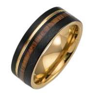 cross brushed flat shape 8mm black mens tungsten gold ring wood inlay