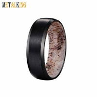 8mm Men's Brushed Black Tungsten Ring With Deer Antler Sleeve Dome Beveled Edge Wedding Band Comfort Fit