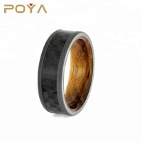 POYA Jewelry Carbon Fiber Inlay Brushed Titanium 8mm Comfort-Fit Whiskey Oak Wood Wedding Ring