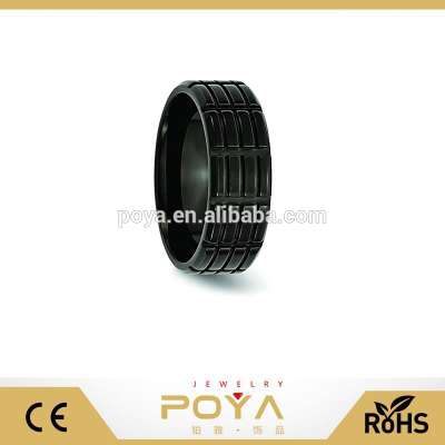 POYA Jewelry 8mm Grooved Truck tire stripe Black Plated Brushed Finish Titanium Wedding Bands