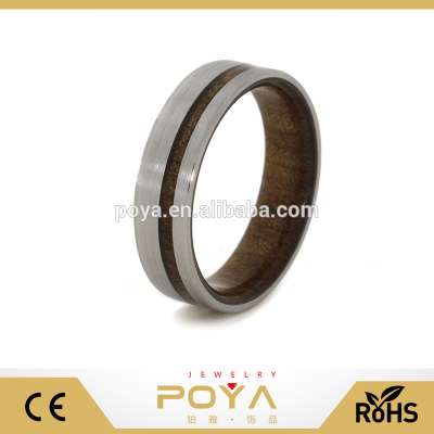 POYA Jewelry Fashion 8mm Brushed Titanium Wood Ring Wedding Band With A Kauri Wood Sleeve And Stripe For Men or Women