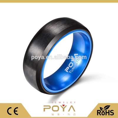 POYA Two Tone Black Blue Tungsten Ring Anodized Aluminum Interior Brushed Center Dome 8mm Comfort Fit Mens Wedding