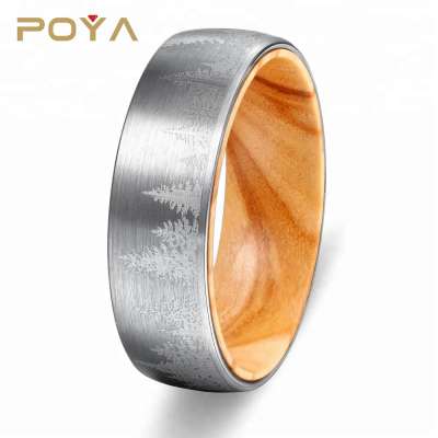 POYA Jewelry Brushed Tungsten Carbide Olive Wood Inner Wedding Band With Engraved Forest,Men's Hunting Ring 8mm