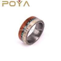 POYA Jewelry 8mm Mens Brushed Tungsten Ring With Antler Wood and Crushed Turquoise Wedding Band